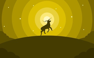Silhouetted landscape background of deer on the hill with modern design and yellow circular sky color for banner, wallpaper,etc.