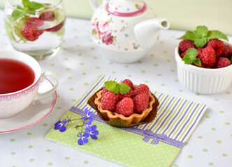raspberry mini tart (cupcakes) and cup of tea