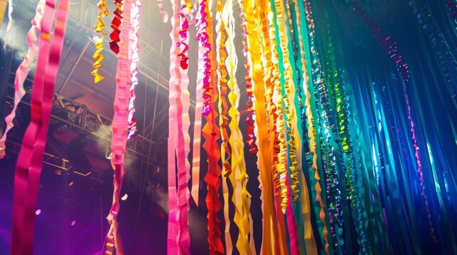 A jumble of rainbowcolored streamers hanging from the stage and bouncing in the wind at an amphitheater.