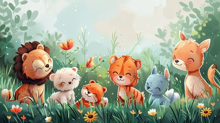 Enchanting illustration of smiling animals in a dappled forest light, including a lion, tiger, fox, cat, and bear enjoying nature
