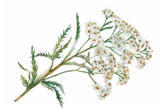 Watercolor painting representing a yarrow sprig with its characteristic white flowers, showing its delicate beauty