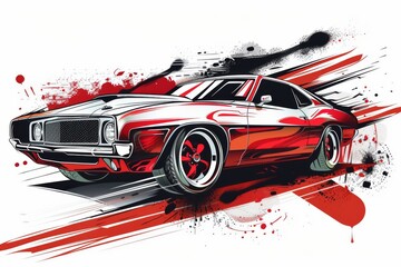 A Red And White Classic Muscle Car Speeding Through A Graphic Splashes Of Color
