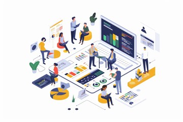 Obraz premium Collaborative Data Analysis Team Working Together on a Giant Laptop Screen With Charts, Graphs, and Data