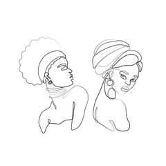 Girl in traditional ethnic headwear turban continuous line drawing, tattoo, print for clothes and logo design, t-shirt, African female single line on white background, isolated vector. 