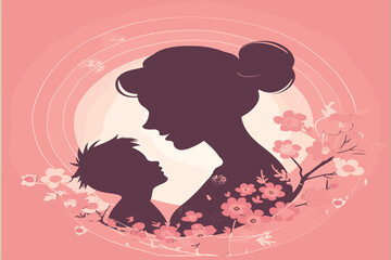 Happy Mother's Day vector illustration with pink flowers and mother holding child silhouette background for web banner, poster or greeting card design. Happy Mother's Day | International Mothers day |