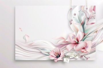 Delicate Pink Blooms and Flowing Silk Against a White Canvas