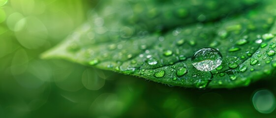 Close-up of a Dew-Covered Leaf with Sparkling Water Droplets in a Lush Green Environment