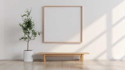 Minimalist Interior with Wooden Bench, Potted Plant, and Blank Square Frame on White Wall
