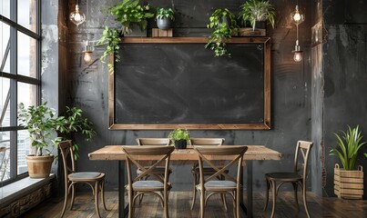 Rustic dining room with a blank chalkboard