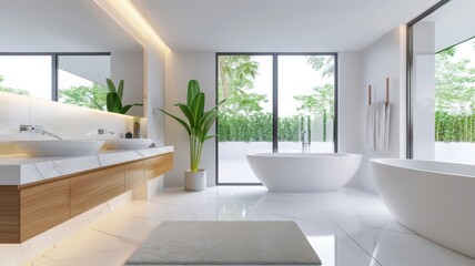 Modern Luxurious Bathroom with Large Windows, Freestanding Bathtub, and Elegant Fixtures