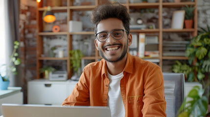 Obraz premium Smiling young Indian man sitting in the office at the desk and talking on a video call, making an online recording, conducting training remotely