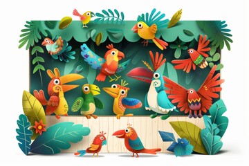 A Colorful Gathering of Paper Birds in a Lush Tropical Paradise