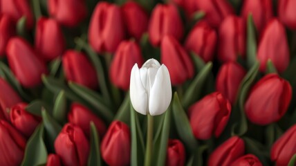 Fototapeta premium Single White Tulip Among Red Tulips in Bloom, Symbolizing Uniqueness and Contrast in a Vibrant Floral Display