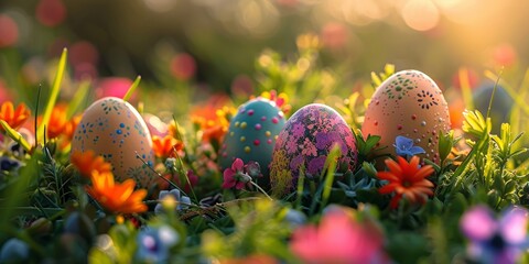 Vibrantly Decorated Easter Eggs Amid Spring Flowers at Sunrise