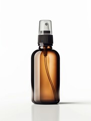 Cosmetic amber glass bottle with sprayer on white background. Natural organic perfume packaging design 