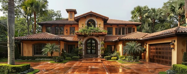 Obraz premium Mediterranean-style villa with a courtyard.