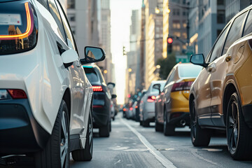 The image shows a city traffic congestion scene with multiple vehicles emitting harmful emissions, contributing to air pollution in the urban environment