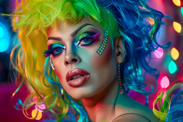 Fototapeta premium An elegant drag queen in colorful makeup and wigs