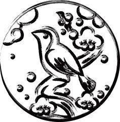 筆書き円形シンプル花札　鶯　如月　梅　2月　梅に鶯