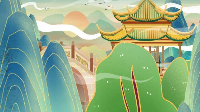 Mysterious landscape China's traditional Oriental Digital Art animation, Chinese retro painting ink ncient scroll opens and the poet composes a poem in front of the pavilion template
