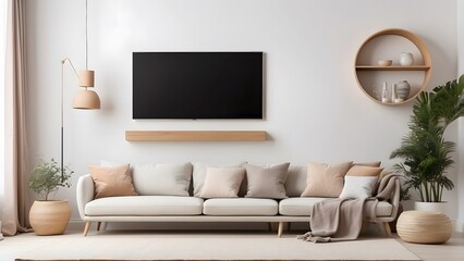 Modern minimalist living room with TV wall mounted, mockup of tv in drawing room with white wall background