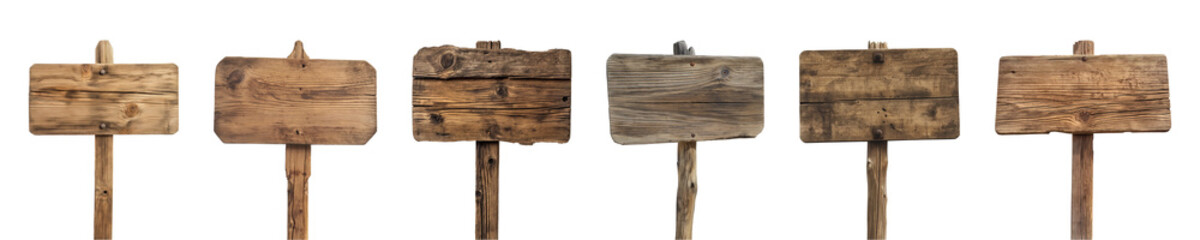Collection of wooden planks signboard on the pole isolated on a transparent background, cut out, PNG