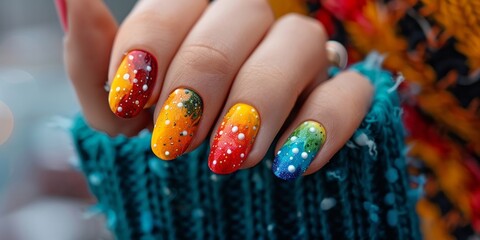 Colorful Rainbow Gradient Nails with Polka Dot Design on Knitted Background