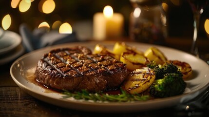 A perfectly grilled steak served with roasted potatoes and vegetables, garnished with fresh herbs and set against a cozy, candlelit background.