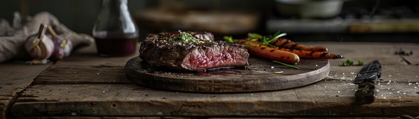 A deliciously presented steak paired with grilled vegetables on a rustic wooden table, perfect for food blogs and culinary publications.