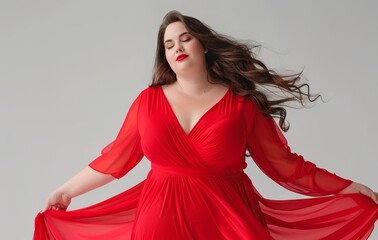 Plus size female model wearing a red dress, plus size female model showing a dress, plus size dress mockup