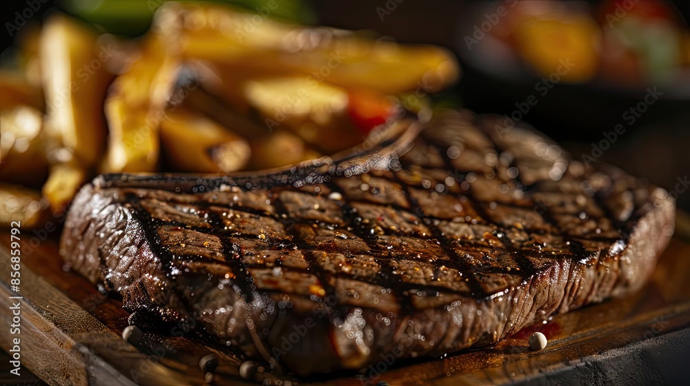 Wall mural delicious grilled steak served with crispy french fries, perfect for a savory meal. close-up shot em - Wall murals