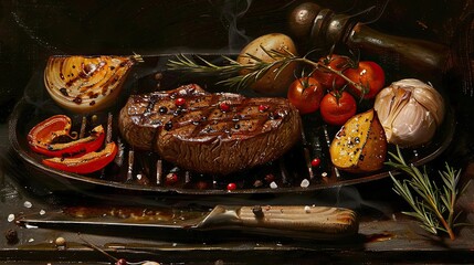 Grilled steak on a sizzling platter with roasted vegetables, garnished with rosemary and spices for a delicious meal presentation.