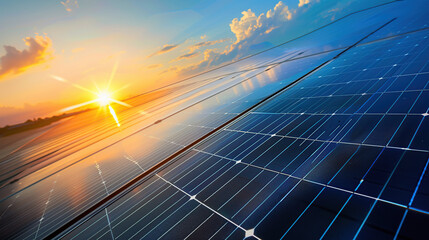 solar panels against the sky at sunset. The concept of sustainable energy and green technology