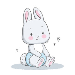 Vector illustration of cute white gray bunny, rabbit, hare. Cute animal portrait in pastel colors. Stickers, wall art, baby shower, kids room decoration, easter decoration, print, design, poster.