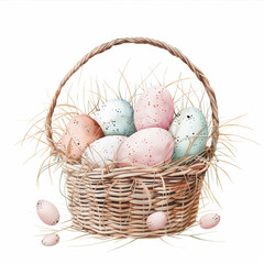 Fototapeta premium A basket filled with pastel-colored Easter eggs on a bed of hay, perfect for springtime decoration and celebration.