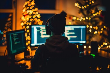 Hacker working on christmas One man, sitting indoors surounded by computers, hacking crime is in motion, rear view