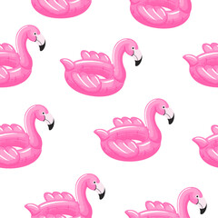 seamless pattern of rubber inflatable pink flamingo for the pool. Swim rings in flat style on white background. Swimming in pool with rubber circles, summertime water activities. Rubber toy for water