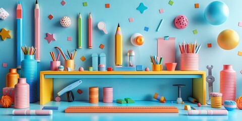 Obraz premium Colorful Workspace Full of Stationery and Art Supplies on a Blue Background