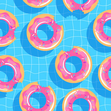 seamless pattern of rubber inflatable donut for the pool. Swim rings in flat style on the cell background. Swimming in pool with rubber circles, summertime water activities. Rubber toy for water