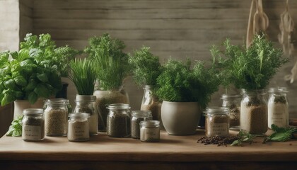 A table with various herbs and spices: eight types including Basil, Parsley, Thyme, Oregano, Creekside, Sagebrush, Rosemary, and Mint, all arranged to showcase their freshness.