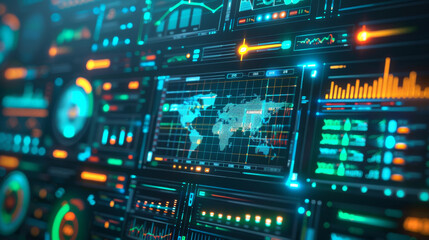 Obraz premium Sleek, modern interface with glowing blue and green data graphs and charts.