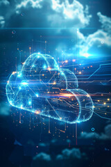 Obraz premium Innovative cloud infrastructure with virtual data pathways on a bright blue background.