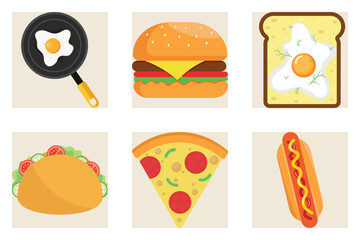 Fast food flat style vector icons set, pizza, burger, taco, sandwich, egg