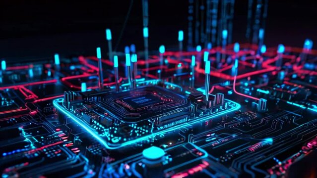 A circuit board with a glowing blue and red light.