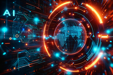 Obraz premium Futuristic AI globe data flow, connected network abstract background