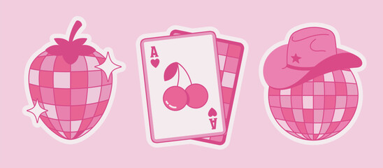 Set of pink stickers wild west disco theme. Cowgirl illustrations, pink disco ball, playing cards, strawberry, ball with cowboy hat