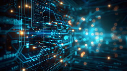 Fototapeta premium Glowing neural network and data nodes in advanced tech interface on dark background.