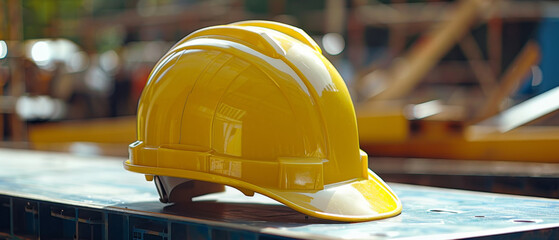 Bright yellow safety helmet on table symbolizes workplace safety and protection in construction site.