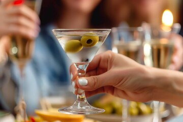 Woman enjoying a martini with green olives during a dinner party with friends