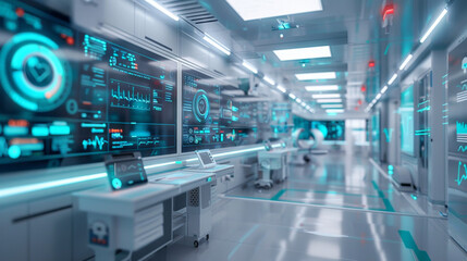Fototapeta premium Cutting-edge medical facility with digital health data and advanced equipment in a bright, sterile setting.